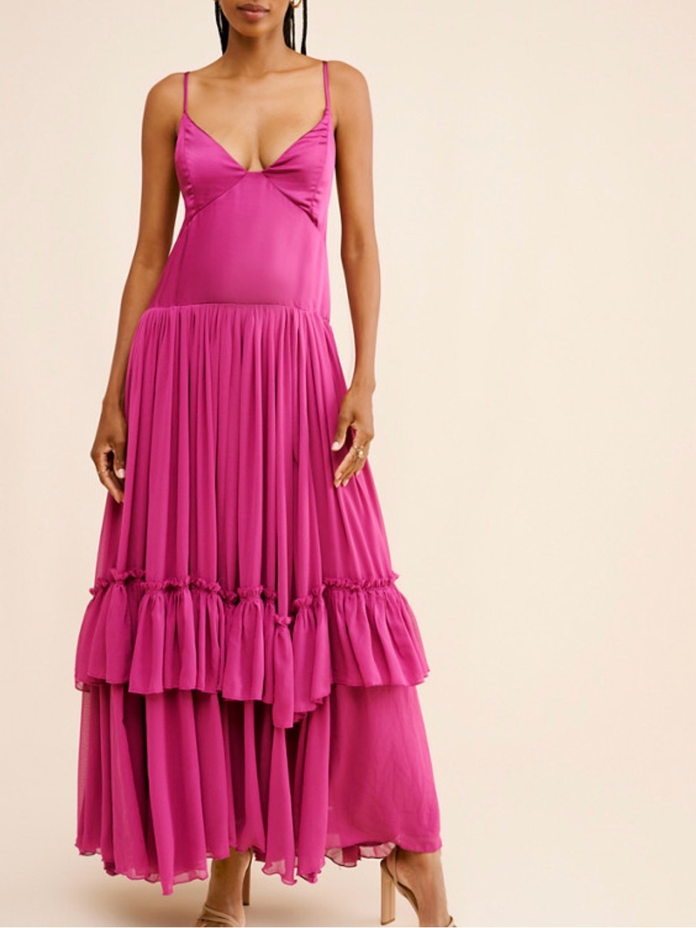 Free People Soliana Satin Chiffon Ruffle Magenta Maxi Dress Medium